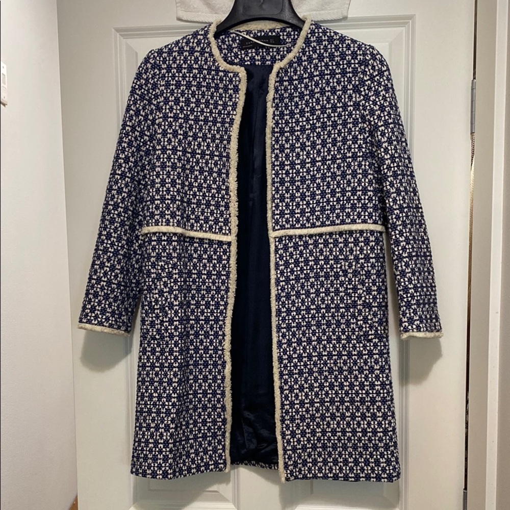 Zara-Elegant Navy and Cream Women's Coat